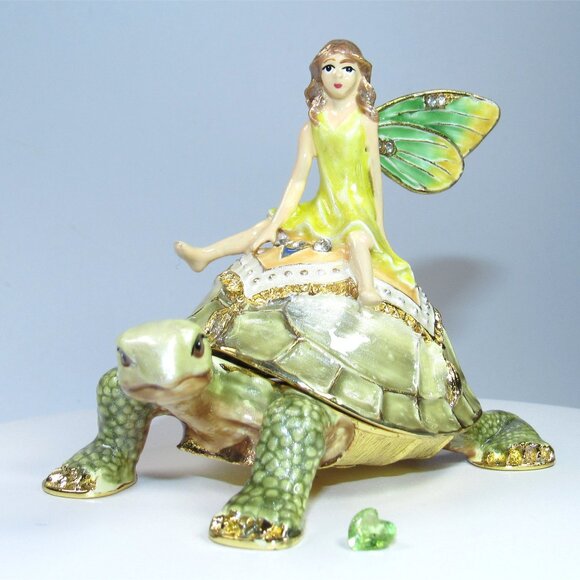 Fairy Riding a Green/Gold Turtle Trinket Box w/Austrian Crystals & Peridot Gem - Picture 1 of 12